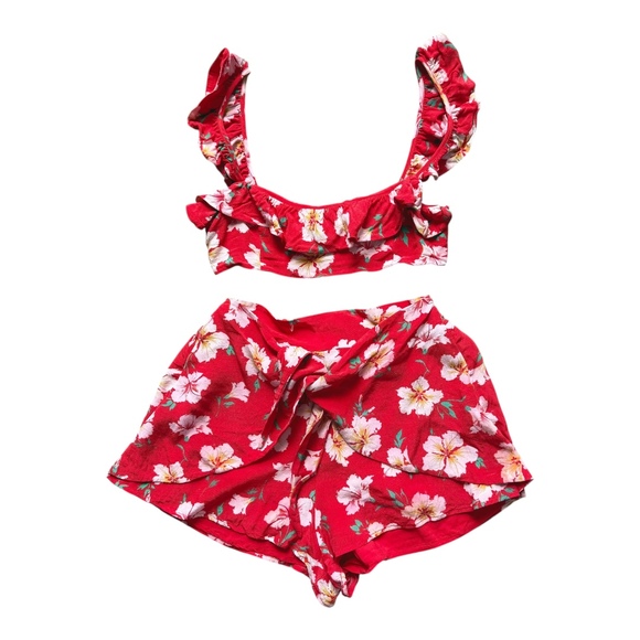 Majorelle Red Fruit Punch Ruffled Floral Crop Top Shorts Set Womens XXS - Picture 2 of 14